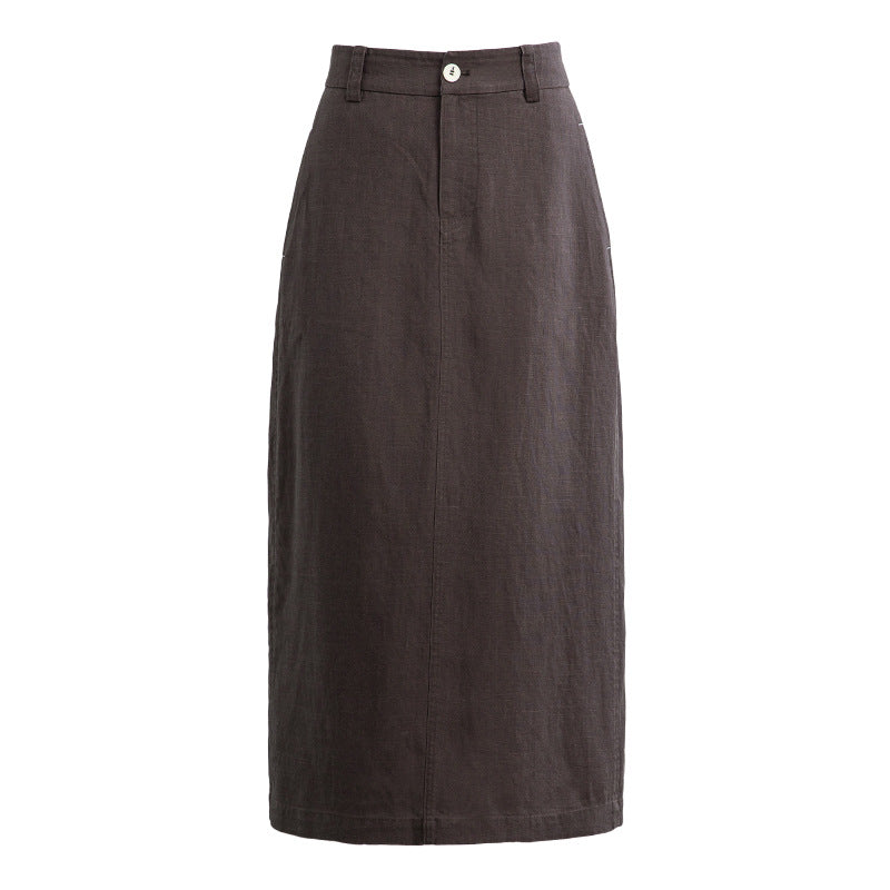 Retro Linen-Blend Straight Skirt