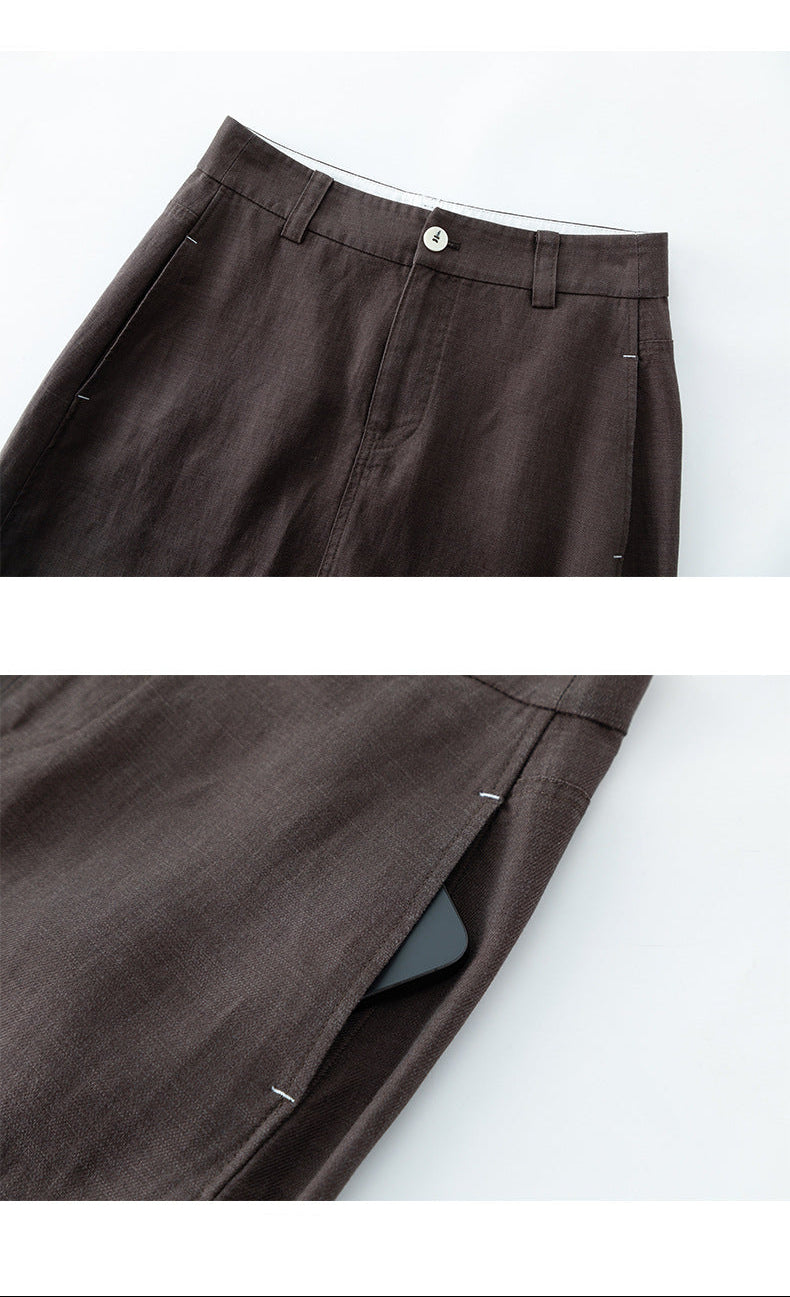 Retro Linen-Blend Straight Skirt
