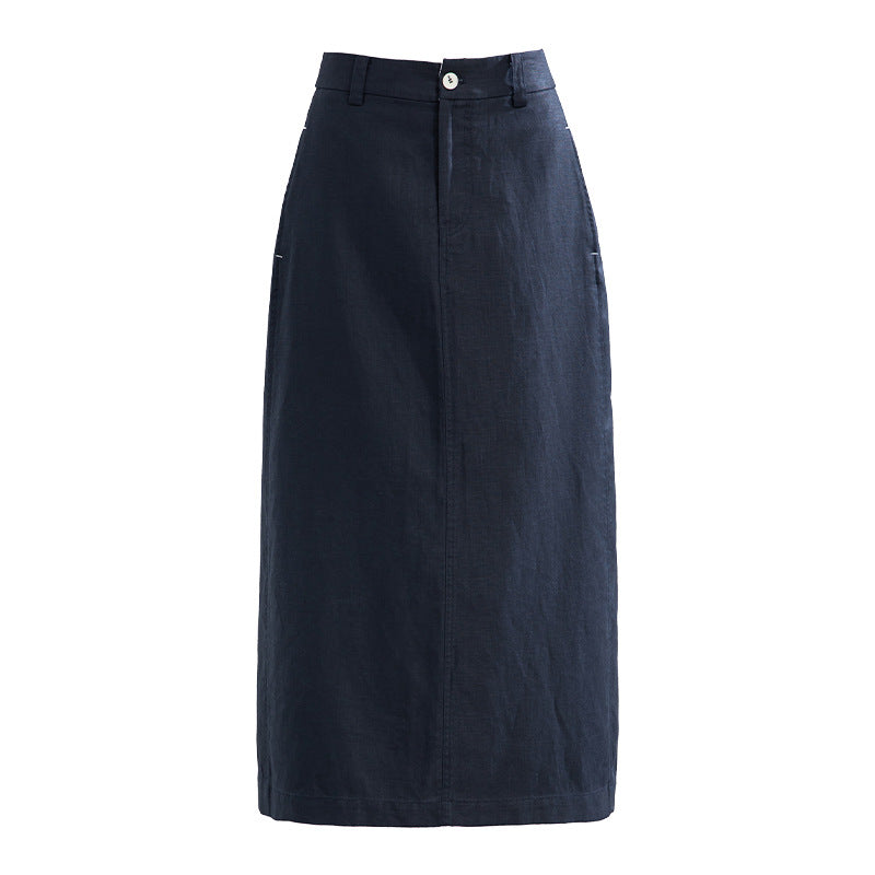 Retro Linen-Blend Straight Skirt