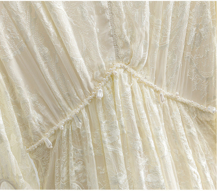 Silk-Embroidered Three-Quarter Sleeve Dress